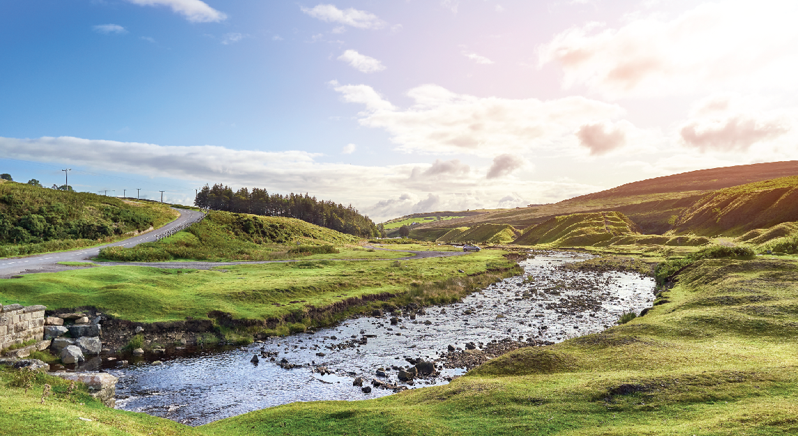 river, green grass and blue sky