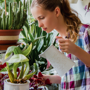 woman watering plants with jug